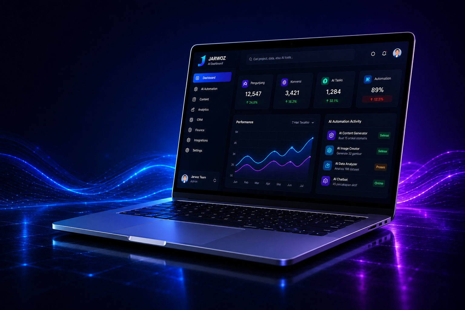 Dashboard JARWOZ AI pada laptop